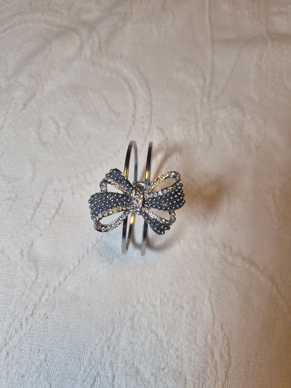 Bow Bracelet Silver Tone Hinge Hinged Rhinestones Gunmetal Gray Coquette Twee